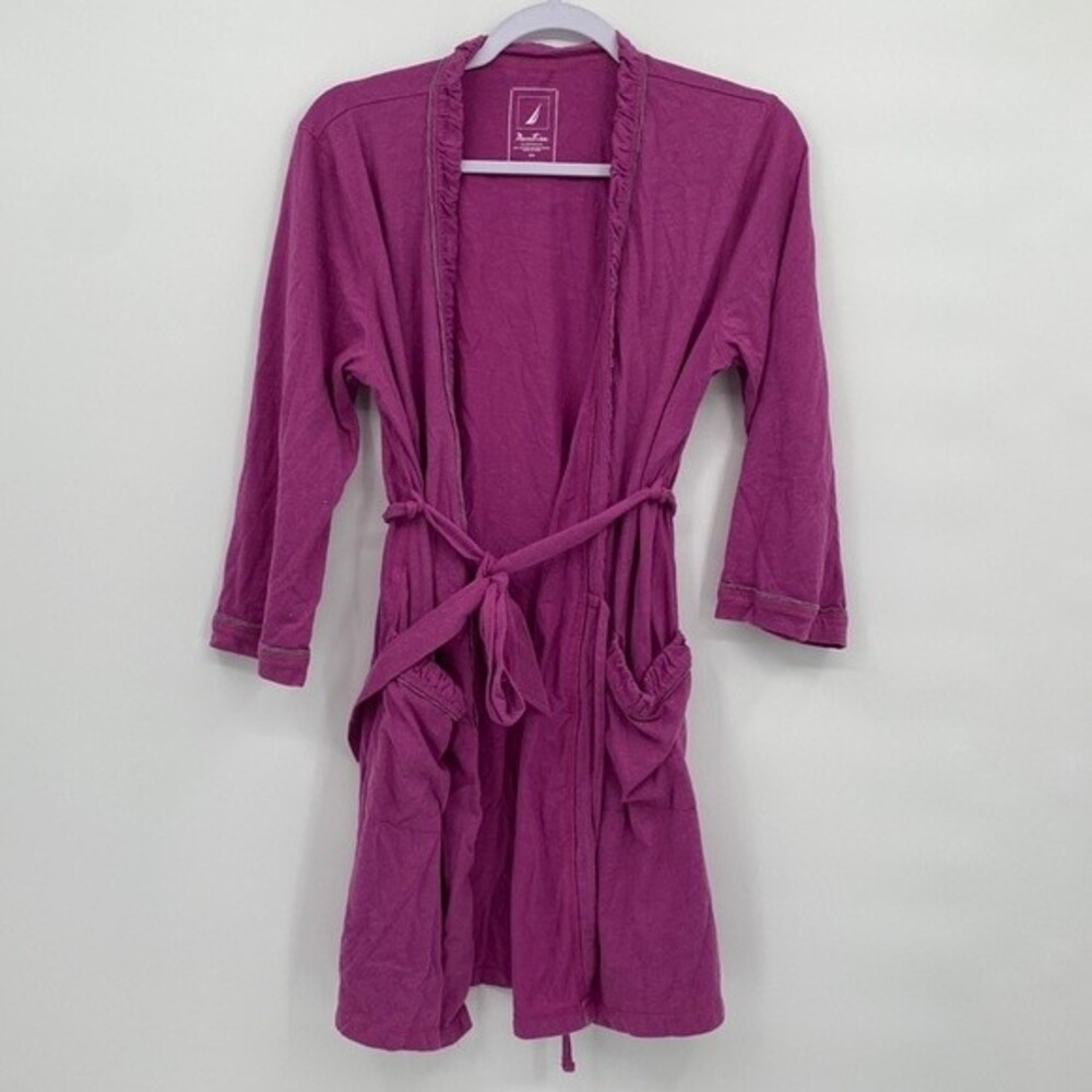 Nautica Sleepwear Robe Purple Ruffle Long Sleeve Knee Length S/M Cotton blend